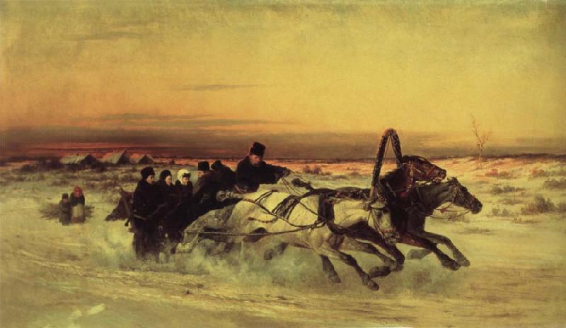 unknow artist Oil undated a Wintertroika in the gallop in sunset Germany oil painting art